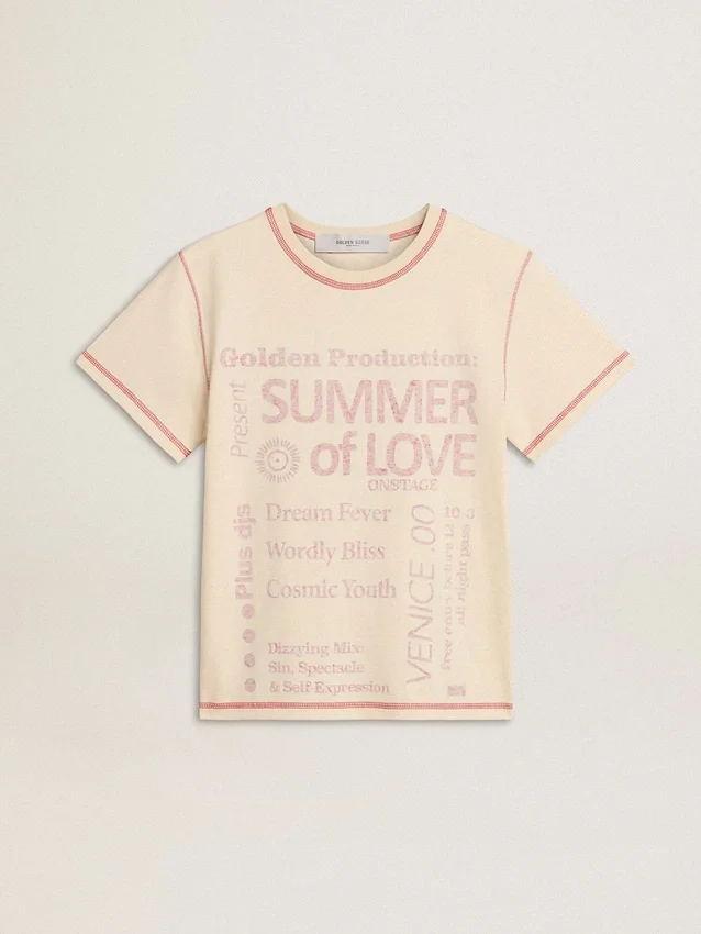 Krämfärgad T-shirt för dam med blekta röda detaljer