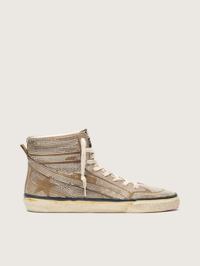 LAB-sneakers för damer i tobaksfärgat mocka med kristaller och en stjärna i tobaksfärgat mocka