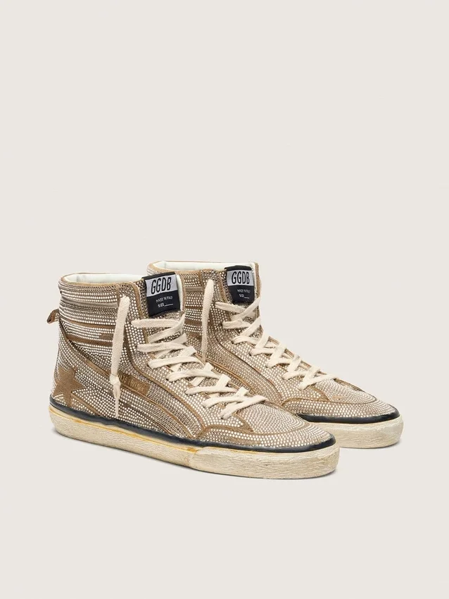 LAB-sneakers för damer i tobaksfärgat mocka med kristaller och en stjärna i tobaksfärgat mocka