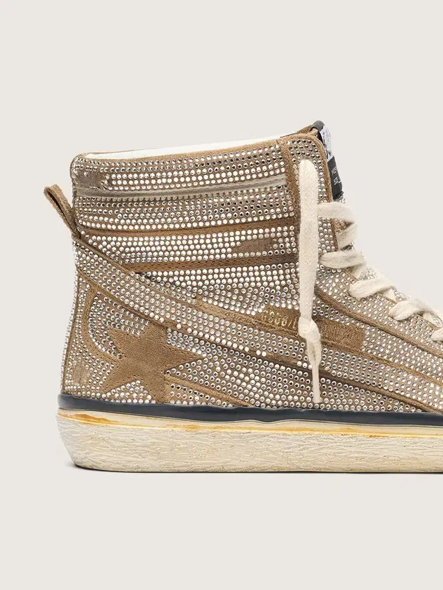 LAB-sneakers för damer i tobaksfärgat mocka med kristaller och en stjärna i tobaksfärgat mocka