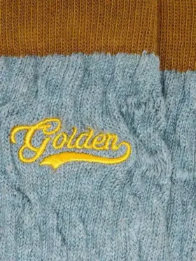 Ljusblå ribbade strumpor med bruna detaljer och gul logotyp