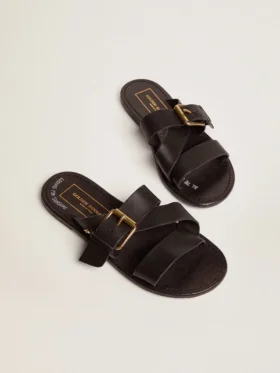 Margaret-sandaler för dam i svart resinbelagt läder