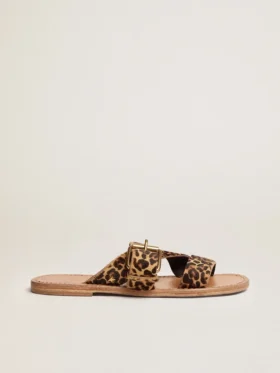 Margaret-sandaler för damer i ponnyskinn med leopardmönster