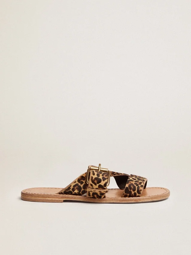 Margaret-sandaler för damer i ponnyskinn med leopardmönster