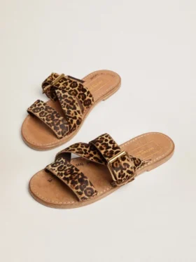 Margaret-sandaler för damer i ponnyskinn med leopardmönster