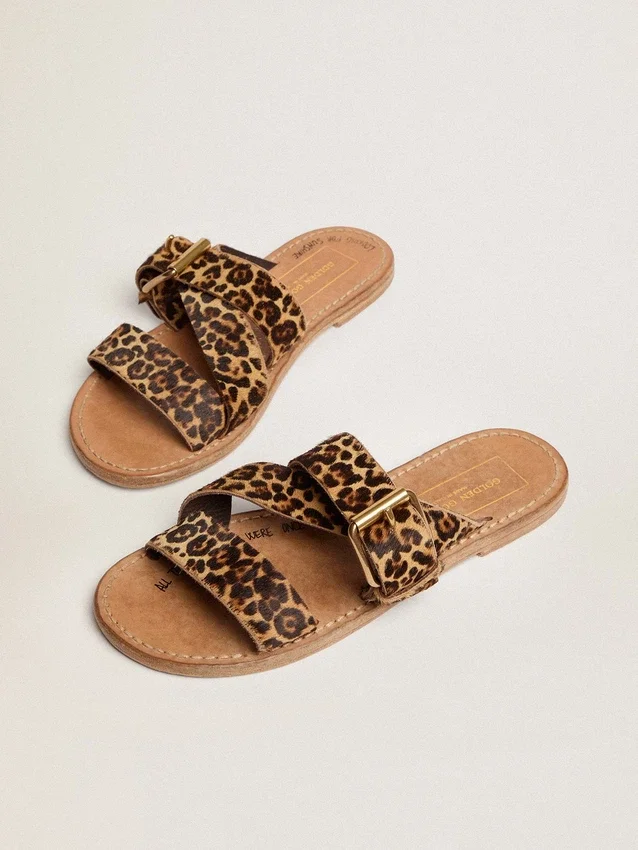 Margaret-sandaler för damer i ponnyskinn med leopardmönster
