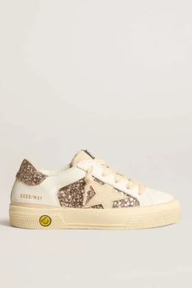 May Teen i vitt läder och roséguldglitter med beige stjärna i mocka