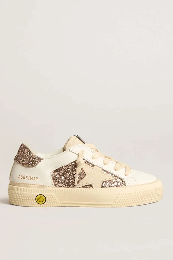 May Teen i vitt läder och roséguldglitter med beige stjärna i mocka