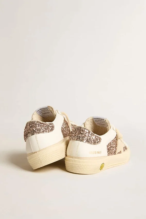 May Teen i vitt läder och roséguldglitter med beige stjärna i mocka