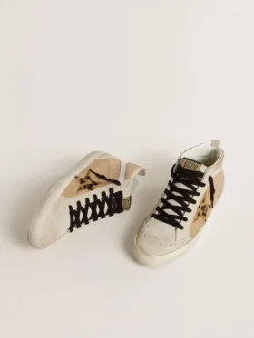 Mid Star för dam i beige naplakläder med stjärna i ponnyskinn med leopardmönster