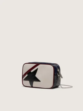Mini Star Bag i smörvitt läder med svart stjärna och vinröda samt mörkblå detaljer