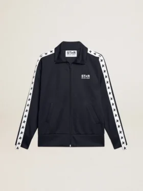 Mörkblå sweatshirt med dragkedja, vit rand och kontrasterande stjärnor