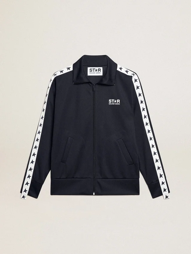 Mörkblå sweatshirt med dragkedja, vit rand och kontrasterande stjärnor