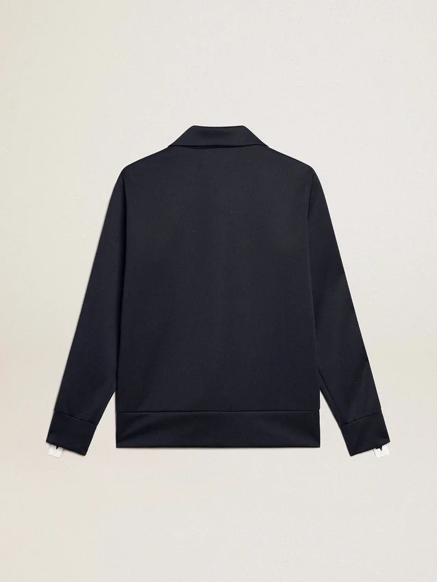 Mörkblå sweatshirt med dragkedja, vit rand och kontrasterande stjärnor