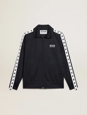 Mörkblå sweatshirt med vit rand och kontrasterande blå stjärnor