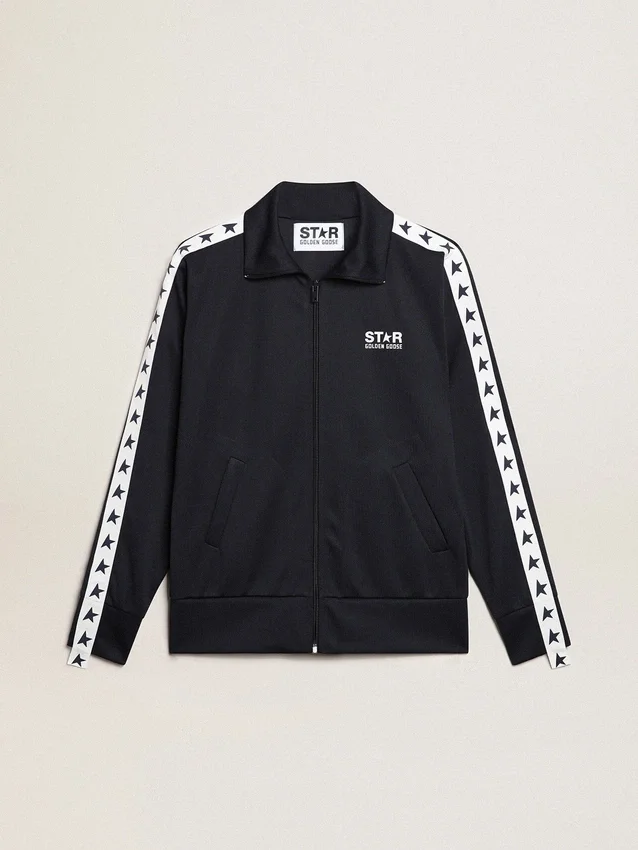 Mörkblå sweatshirt med vit rand och kontrasterande blå stjärnor
