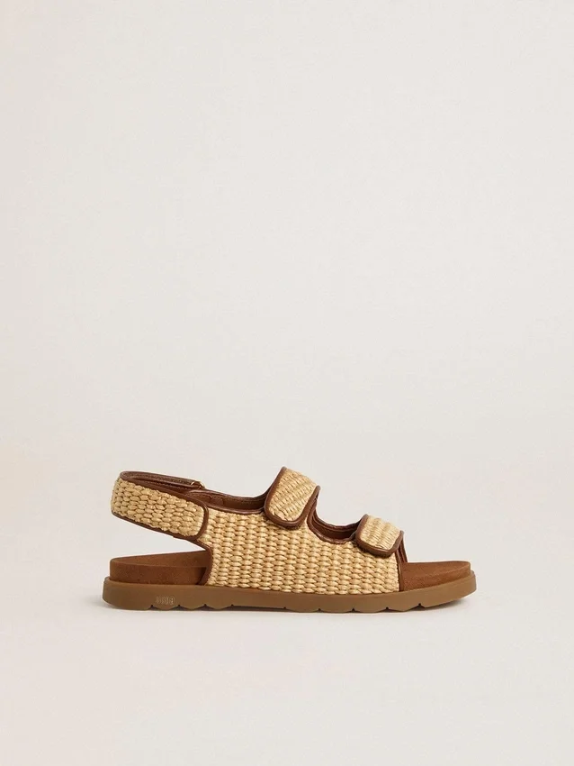 Noa Young-sandaler i beige raffia och brunt läder