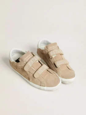 Old School för damer i beige mocka med vit läderflik på hälen