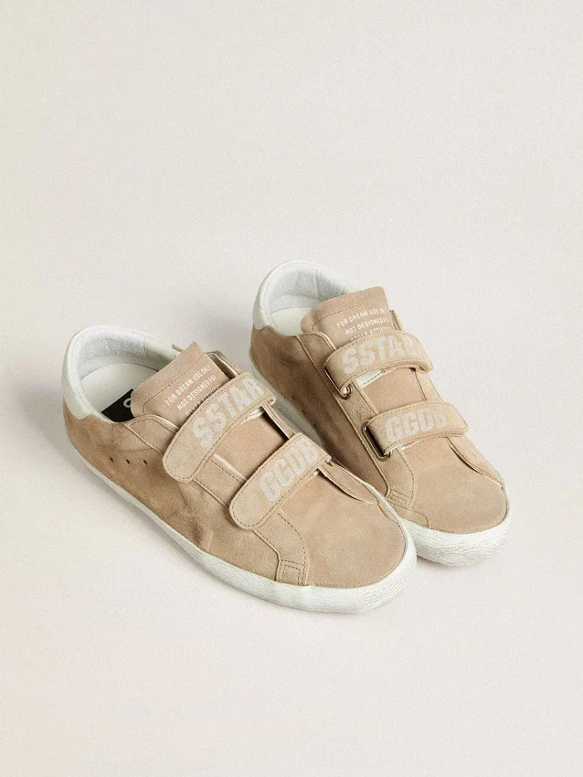 Old School för damer i beige mocka med vit läderflik på hälen