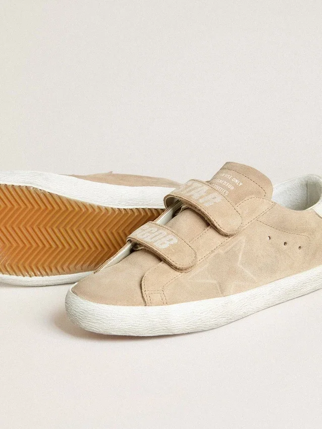 Old School för damer i beige mocka med vit läderflik på hälen