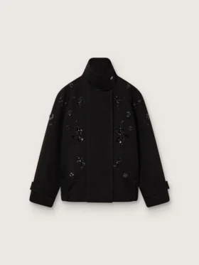 Oversized-jacka för damer i svart bomullstwill med blommigt broderi i paljetter