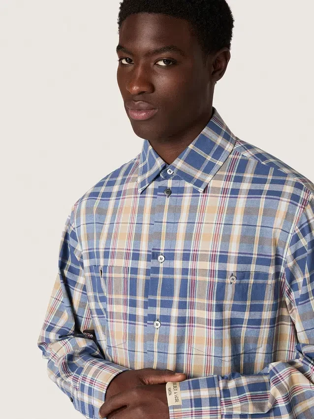 Oversized-skjorta för herr i indigoblått och beige rutigt bomullstyg