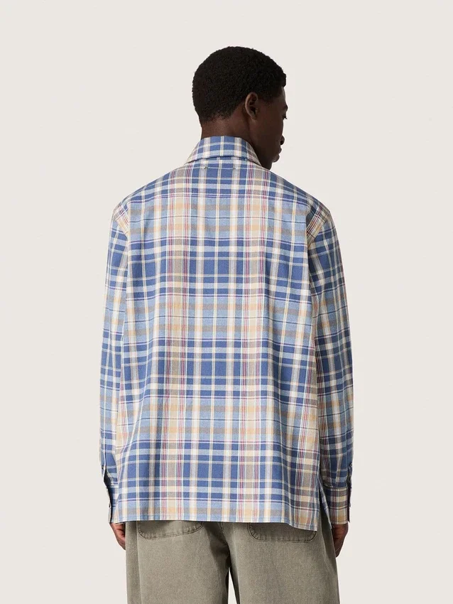 Oversized-skjorta för herr i indigoblått och beige rutigt bomullstyg