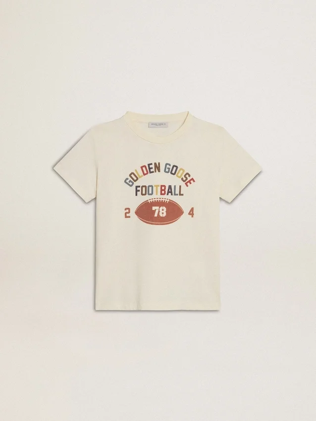 Pojk-T-shirt i slitet vitt med flerfärgad text