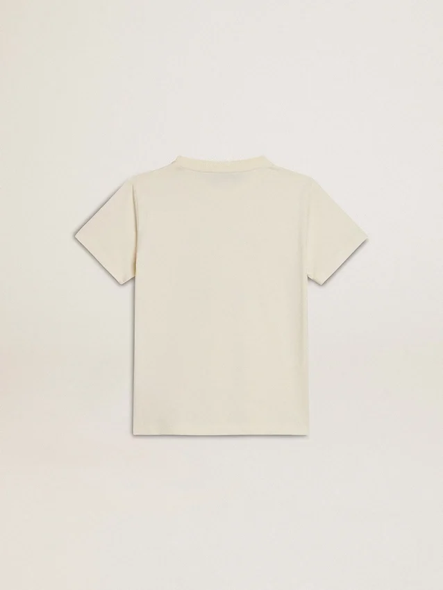 Pojk-T-shirt i slitet vitt med flerfärgad text