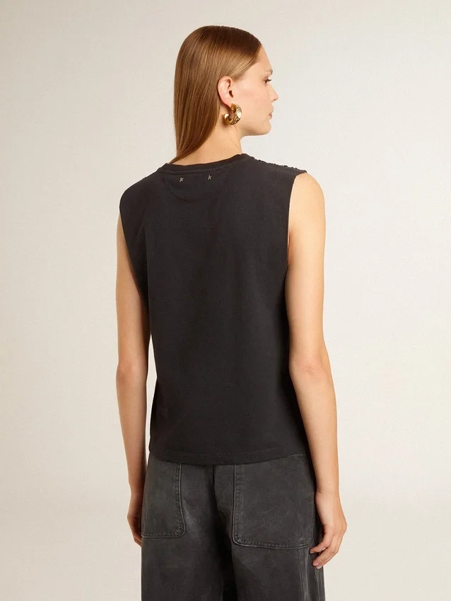 Ärmlös T-shirt i sliten svart nyans med ton-i-ton-broderi i gradient