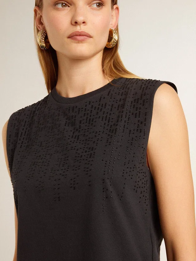 Ärmlös T-shirt i sliten svart nyans med ton-i-ton-broderi i gradient
