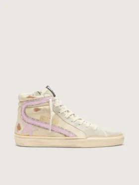 Slide i beige med rosa metallisk läderstjärna och glans