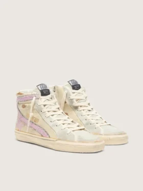 Slide i beige med rosa metallisk läderstjärna och glans