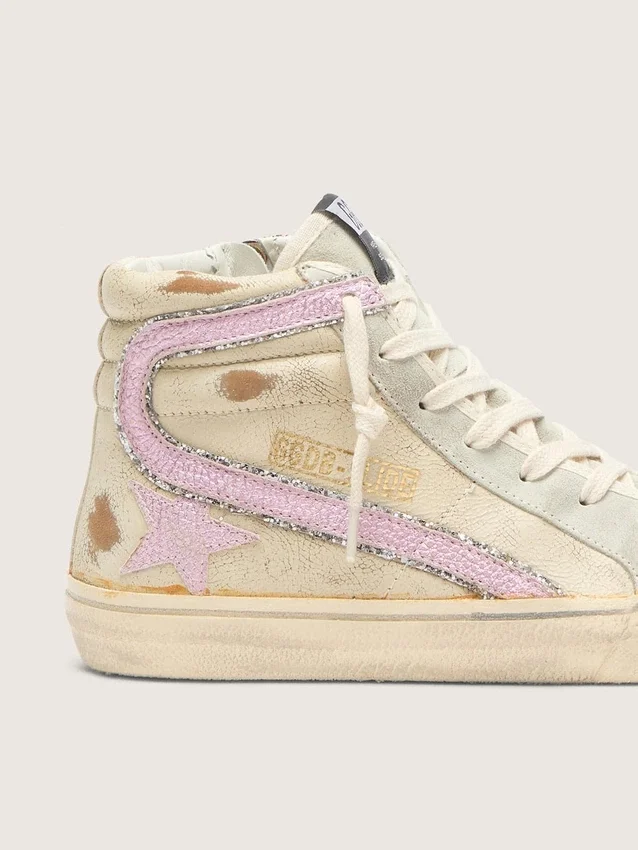 Slide i beige med rosa metallisk läderstjärna och glans