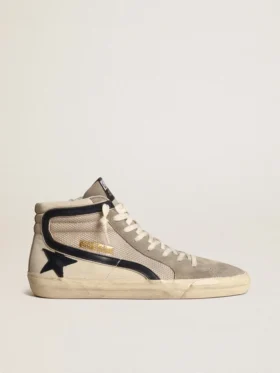 Slide i beige mesh och nylon med blå läderstjärna och blixtsymbol