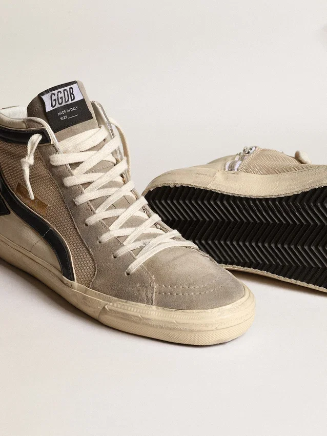 Slide i beige mesh och nylon med blå läderstjärna och blixtsymbol