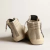 Slide i beige mesh och nylon med blå läderstjärna och blixtsymbol