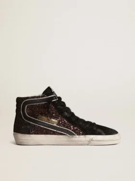 Slide i brunt glitter med svart läderstjärna och glitter