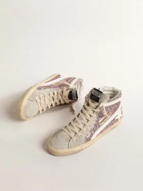 Slide i lila glitter med vit läderstjärna och glitter