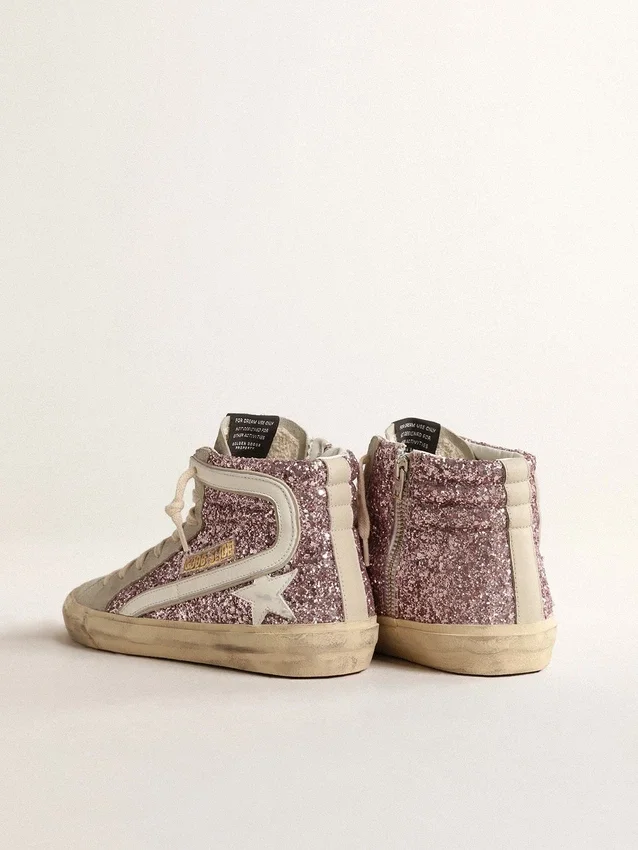 Slide i lila glitter med vit läderstjärna och glitter