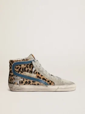 Slide i ponnyskinn med leopardmönster och silverfärgad läderstjärna