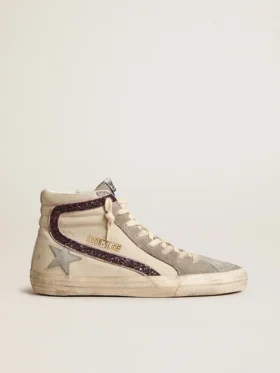 Slide med grå läderstjärna och vinröd glitterdetalj