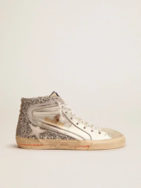 Slide med ovandel i laminerat läder och silverglitter