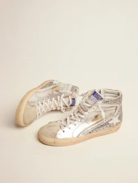 Slide med ovandel i laminerat läder och silverglitter