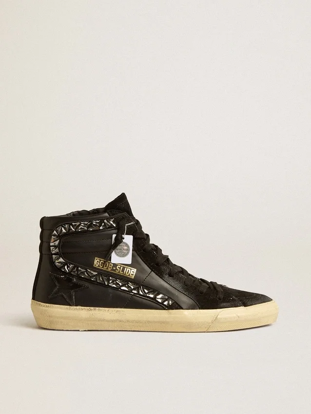 Slide-sandaler med svart stjärna och Swarovski-kristaller