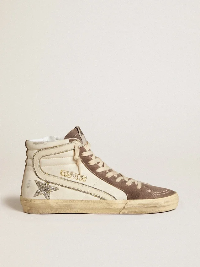 Slide-sneakers i nappa med glitterstjärna och detaljer i lackläder