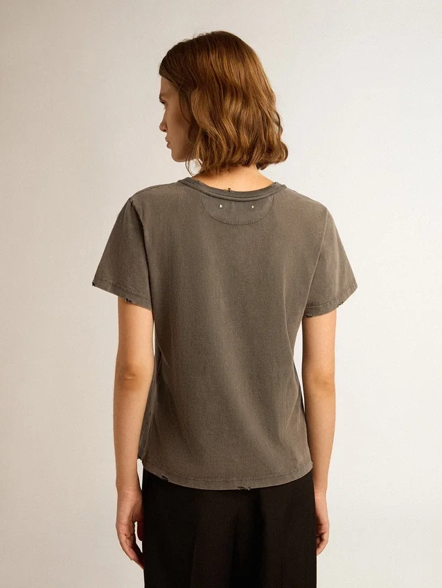 Slitad T-shirt i smal passform i antracitgrått