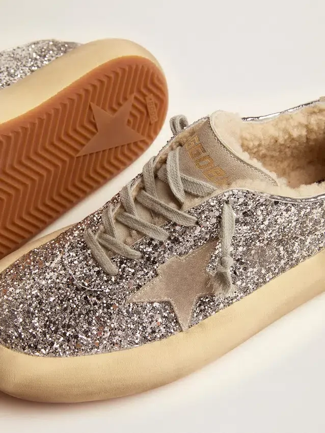 Space-Star-skor för damer i silverglitter med foder av fårskinn