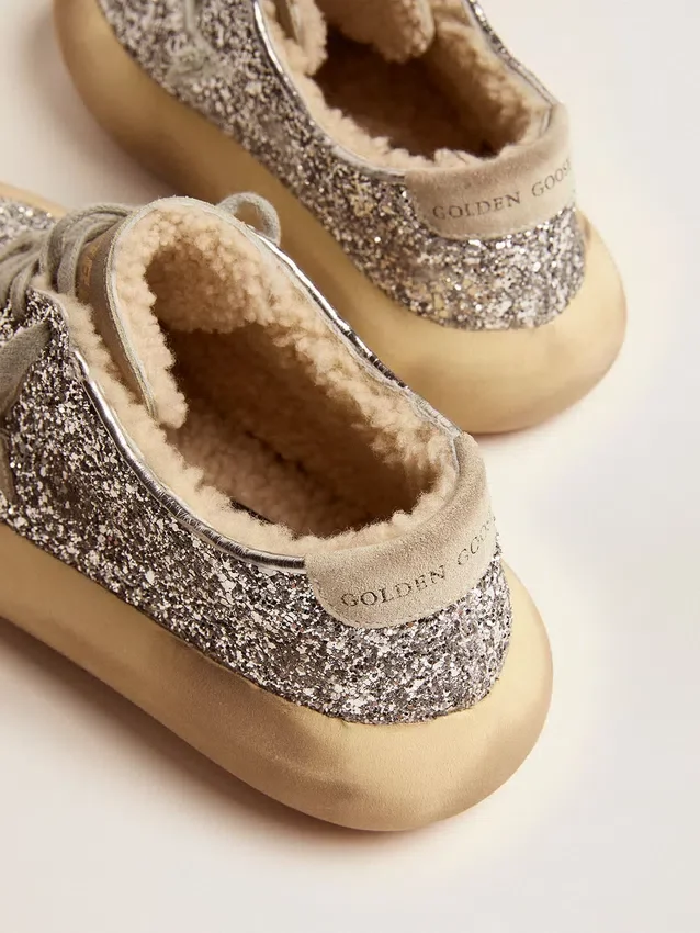 Space-Star-skor för damer i silverglitter med foder av fårskinn