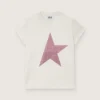 Star-skjorta för flickor i vit bomullsjersey med rosa glitterstjärna
